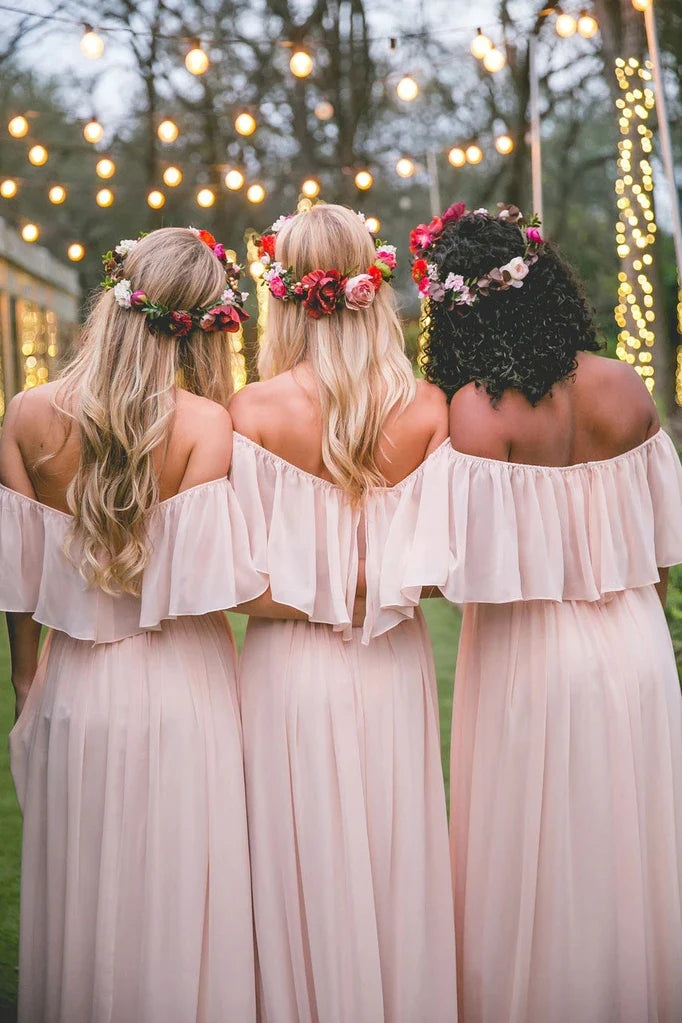 Vestido de novia para invitada/vestido de dama de honor largo de gasa con volantes en rosa pastel y hombros descubiertos, largo hasta el suelo, para fiesta o formal.